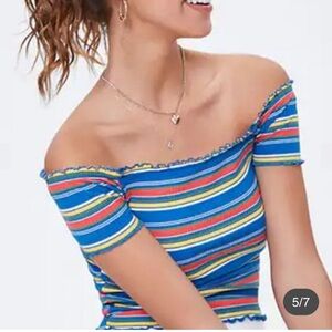 Striped Off-Shoulder Top Short Sleeve Off the shoulder Stripe Ribbed Shirt S/M